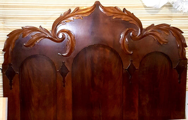 Antique Walnut and Mahogany Carved Crest High Head Board - Low Foot Board Bed, , Beds, Deep South Antiques Deep South Antiques