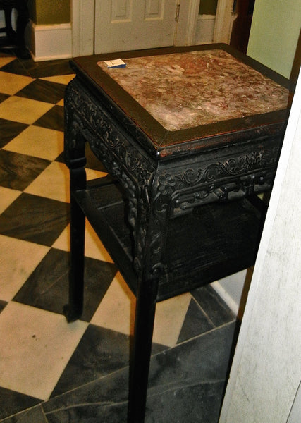 Finely Carved Oriental Teak Marble Top Chinese Plant Stand Asian End Table, , Tables, Deep South Antiques Deep South Antiques