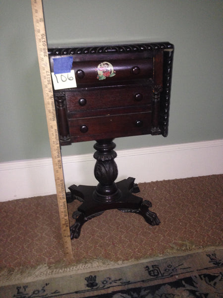 American Empire Mahogany 3 Drawer Drop Leaf End Table with Paw Feet, , Tables, Deep South Antiques Deep South Antiques