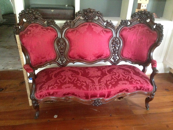 Rococo Rosewood Parlor Sofa Red Silk - 1850’s