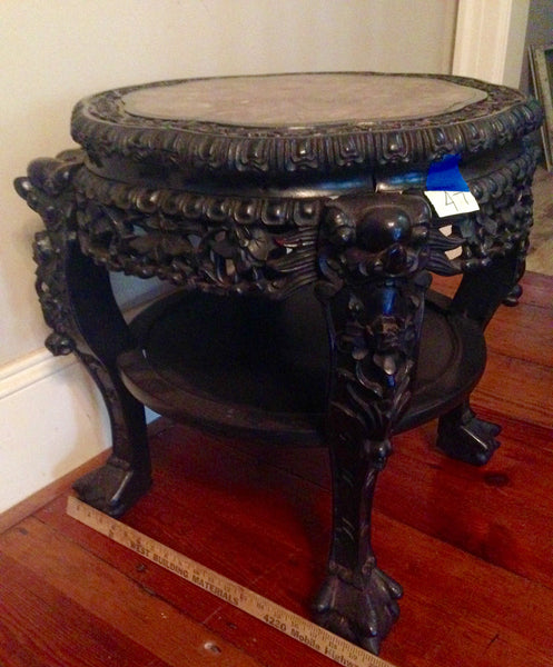 Finely Carved Oriental Marble Top Chinese Plant Stand Asian End Table, , Tables, Deep South Antiques Deep South Antiques