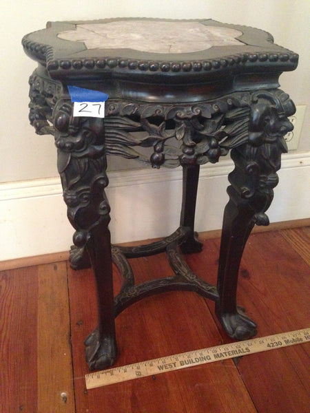 Finely Carved Oriental Teak Marble Top Chinese Plant Stand Asian End Table, , Tables, Deep South Antiques Deep South Antiques