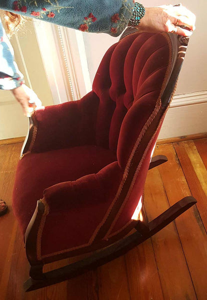 Red Velvet Sleepy Hollow Walnut Child’s Rocking Chair